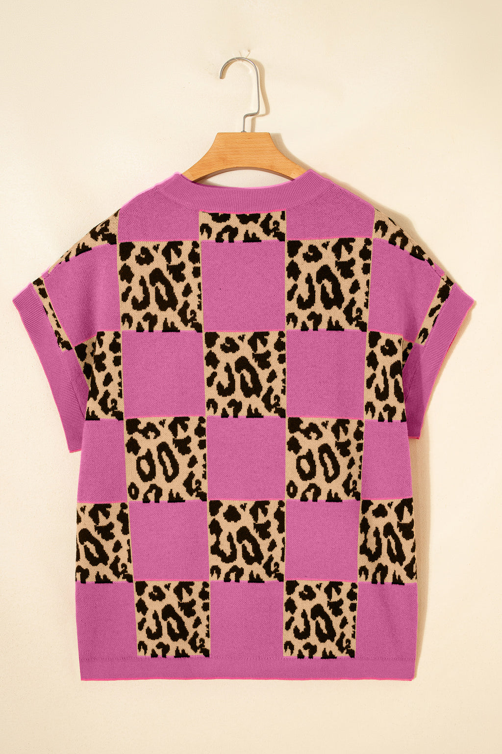 Green Leopard Checkerboard Short Sleeve Knit Sweater