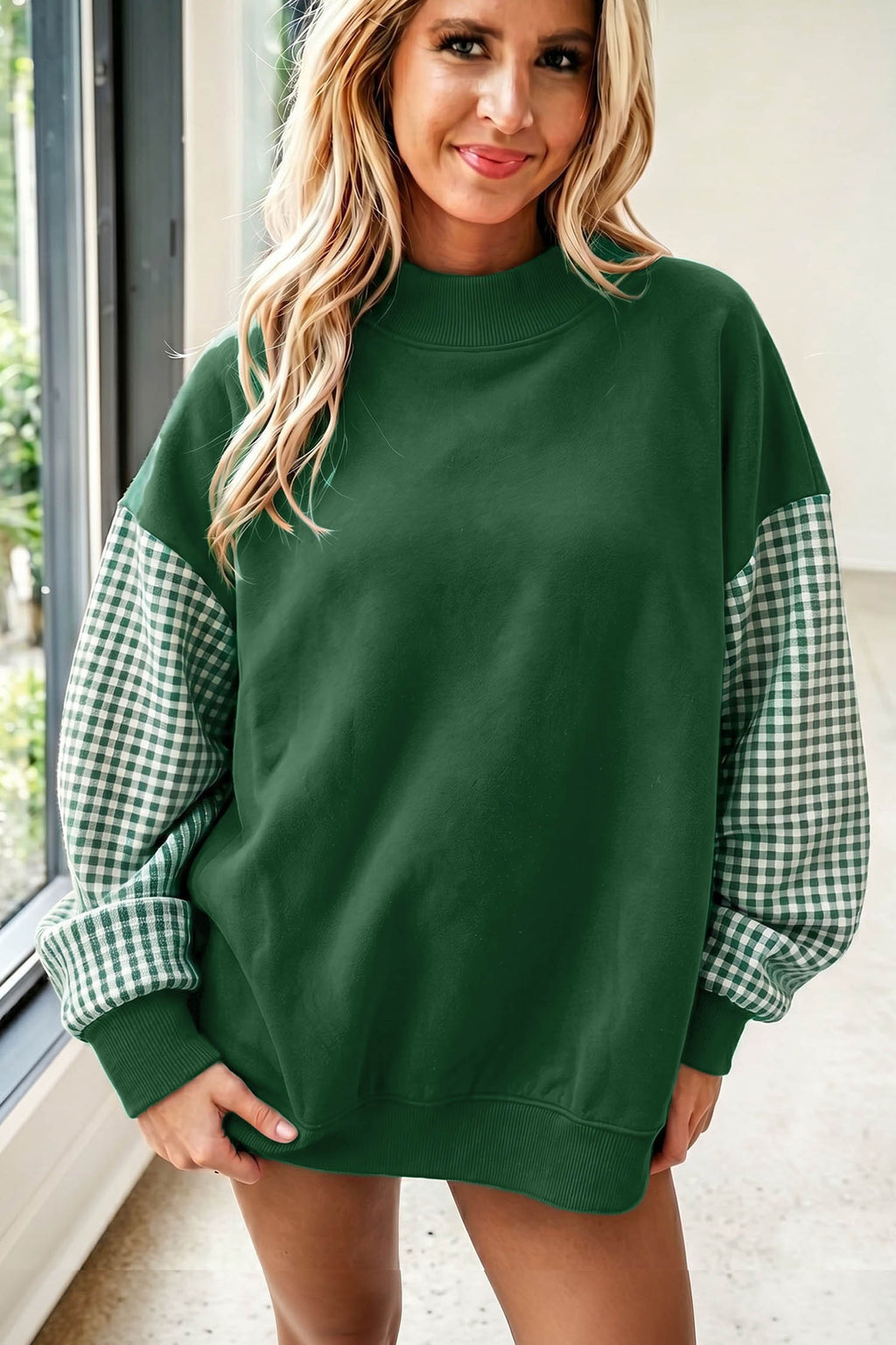 Navy Blue Plaid Sleeve Colorblock Loose Tunic Sweatshirt