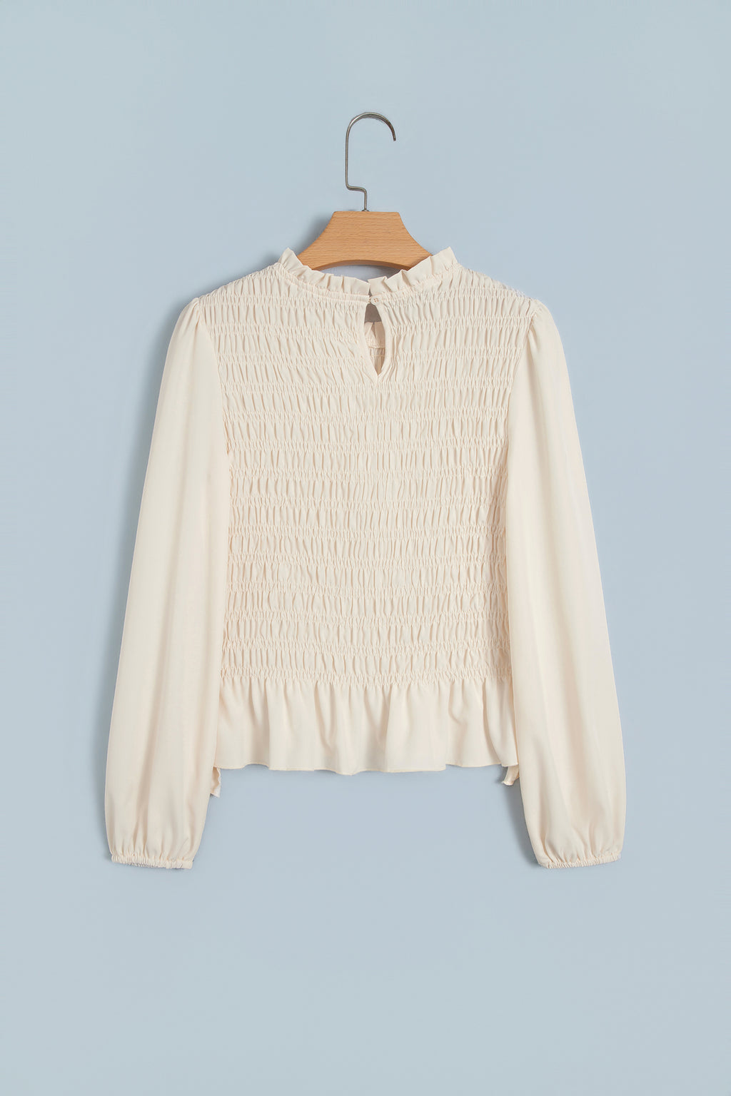 Jet Stream Solid Color Smocked Ruffle Hem Long Sleeve Blouse