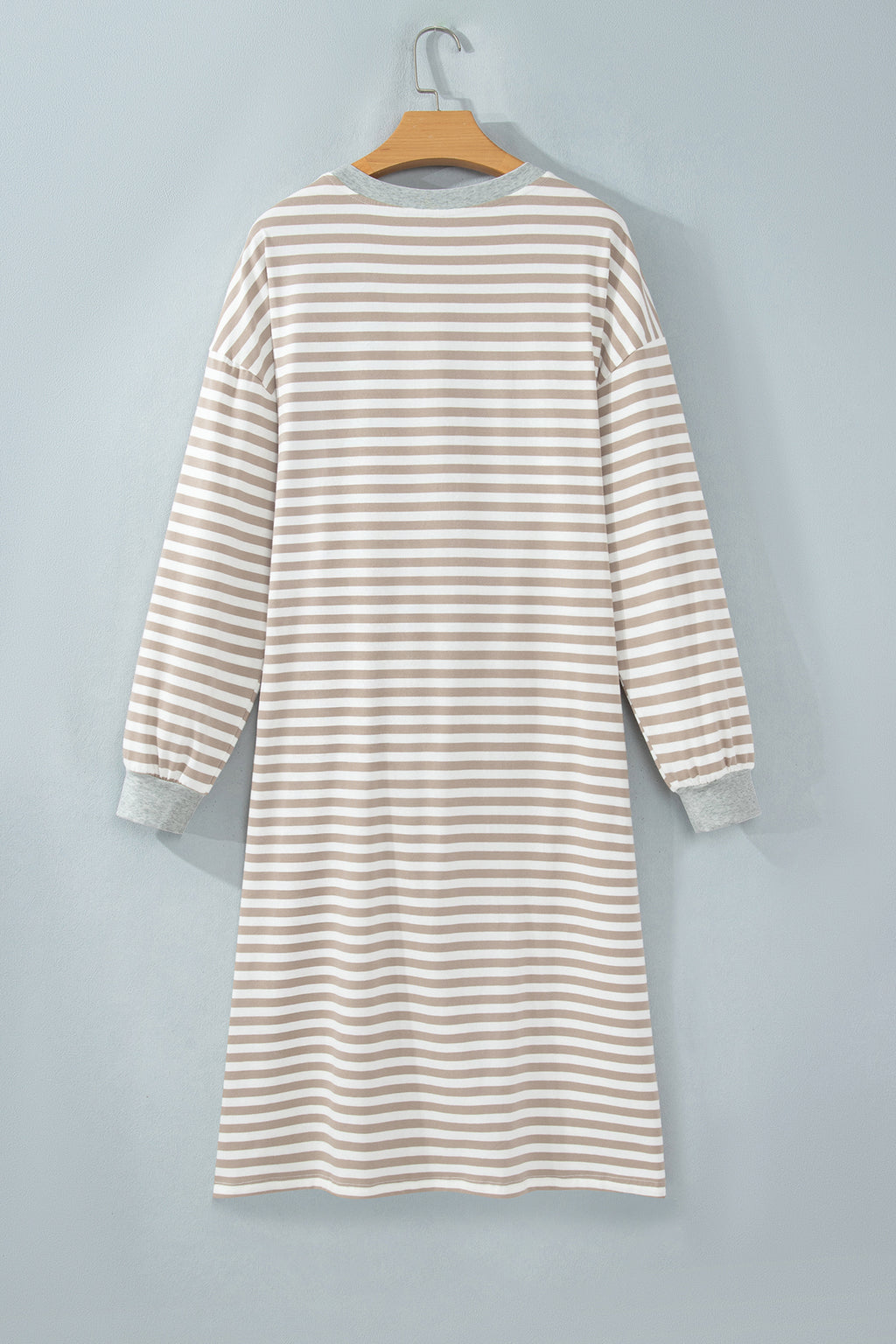 Brown Stripe Striped Colorblock Cuffs Round Neck Long Sleeve Shift Dress