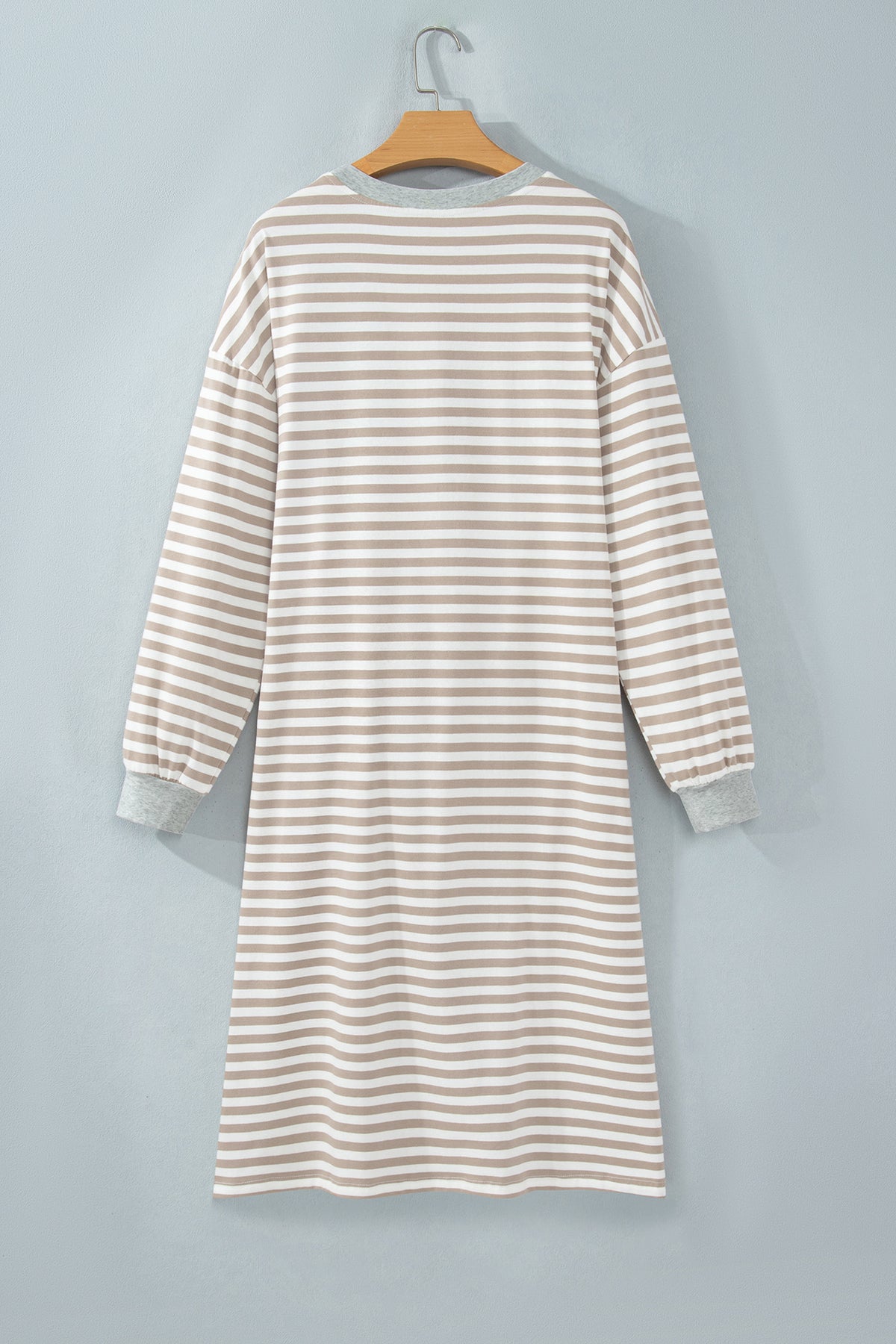 Brown Stripe Striped Colorblock Cuffs Round Neck Long Sleeve Shift Dress