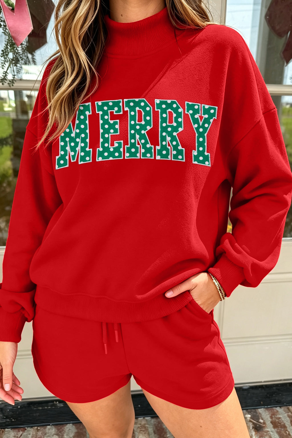 Dark Green Christian Slogan Print Mock Neck Pullover and Shorts Set