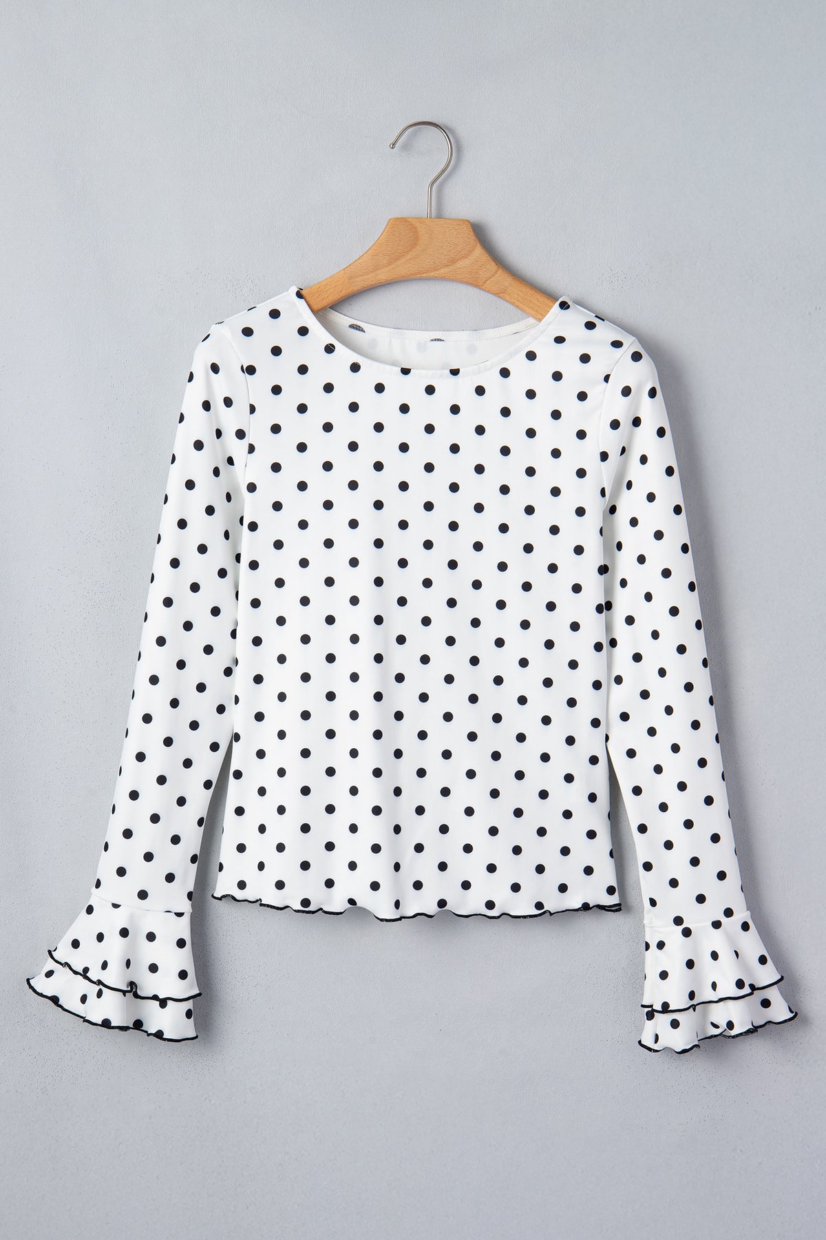 Black Polka Dot Print Lettuce Trim Long Sleeve Top