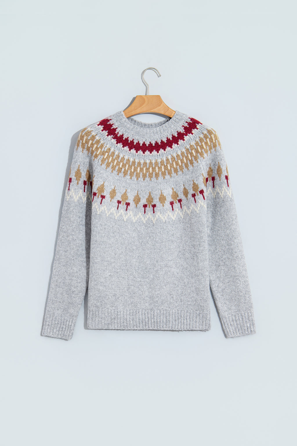 Gray Geometric Detail Round Neck Winter Sweater