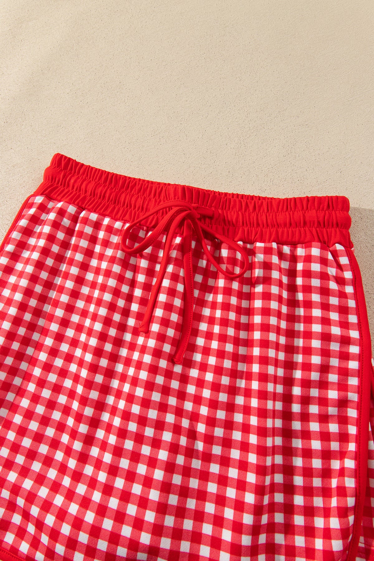 Green Gingham Oversized Ribbed Trim Crew Neck Long Sleeve Top and Skort Set