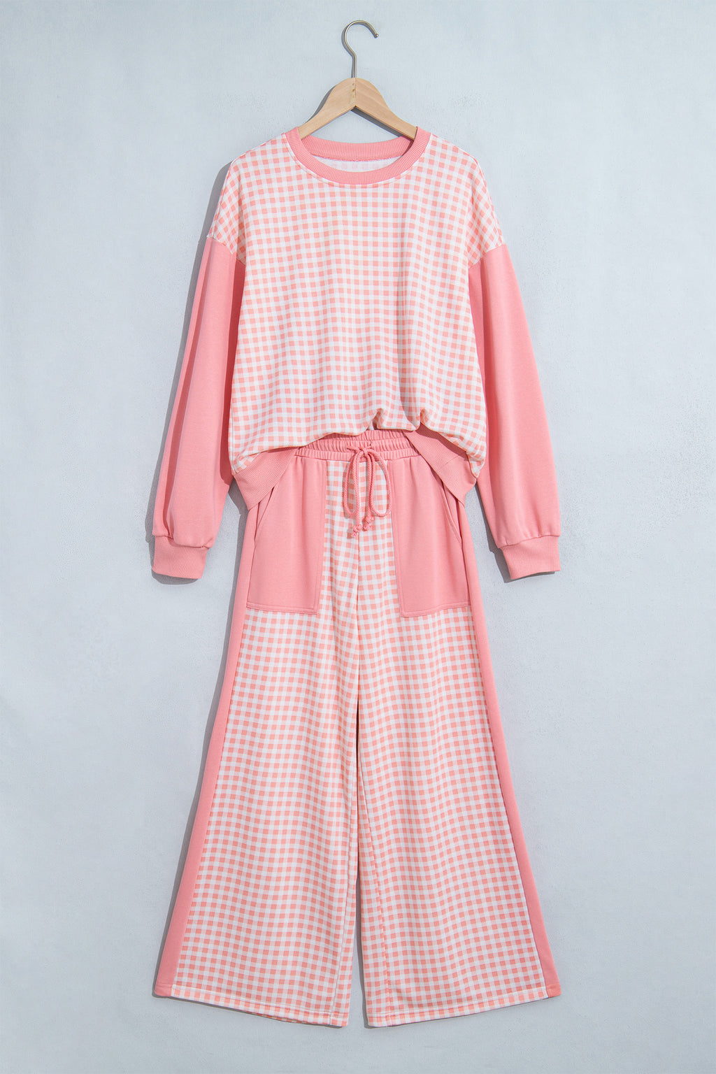 Pink Color Block Plaid Patchwork Long Sleeve Pullover Wide Leg Pant Set