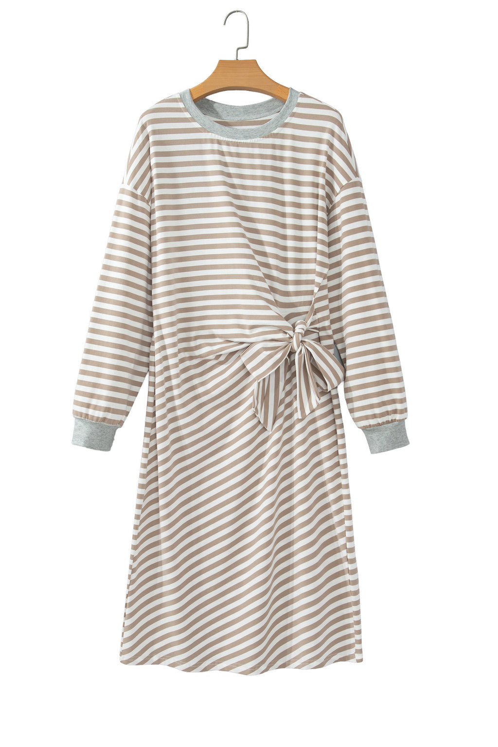 Brown Stripe Striped Colorblock Cuffs Round Neck Long Sleeve Shift Dress