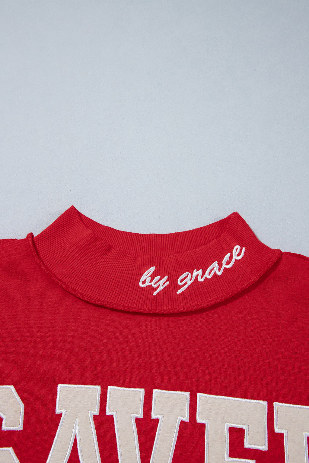 Fiery Red Saved By Grace Embroidered Detail Letter Graphic High Neck Sweatshirt