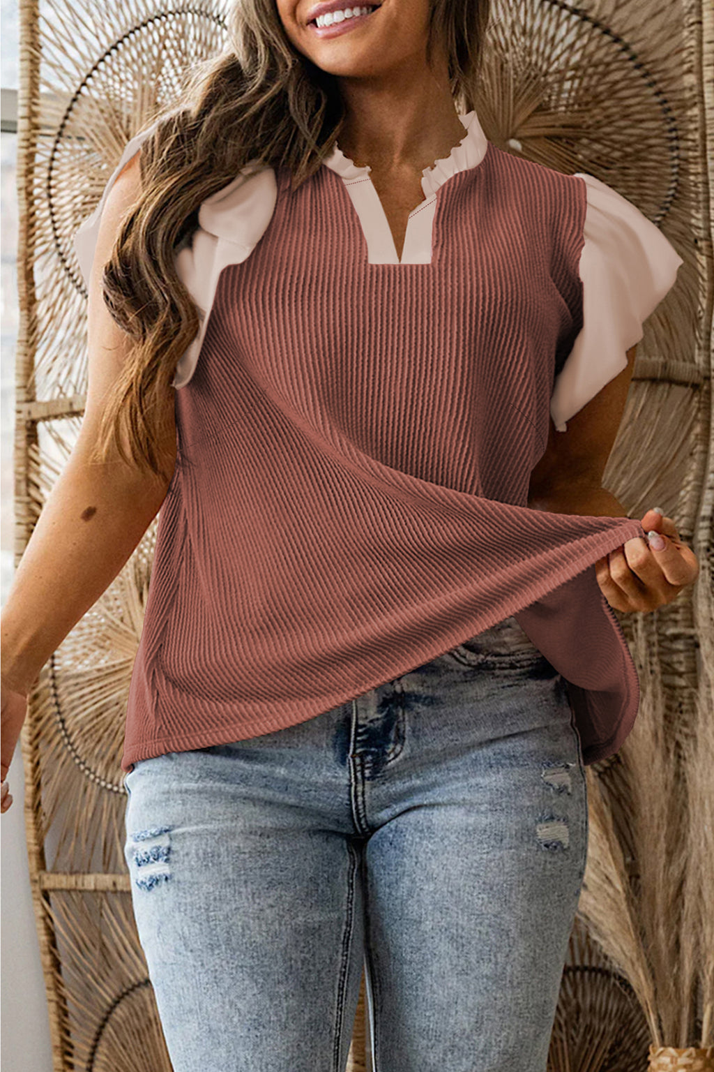Rose Pink Plus Size Contrast Frilled Neckline Ruffled Short Sleeve Ribbed Textured Blouse