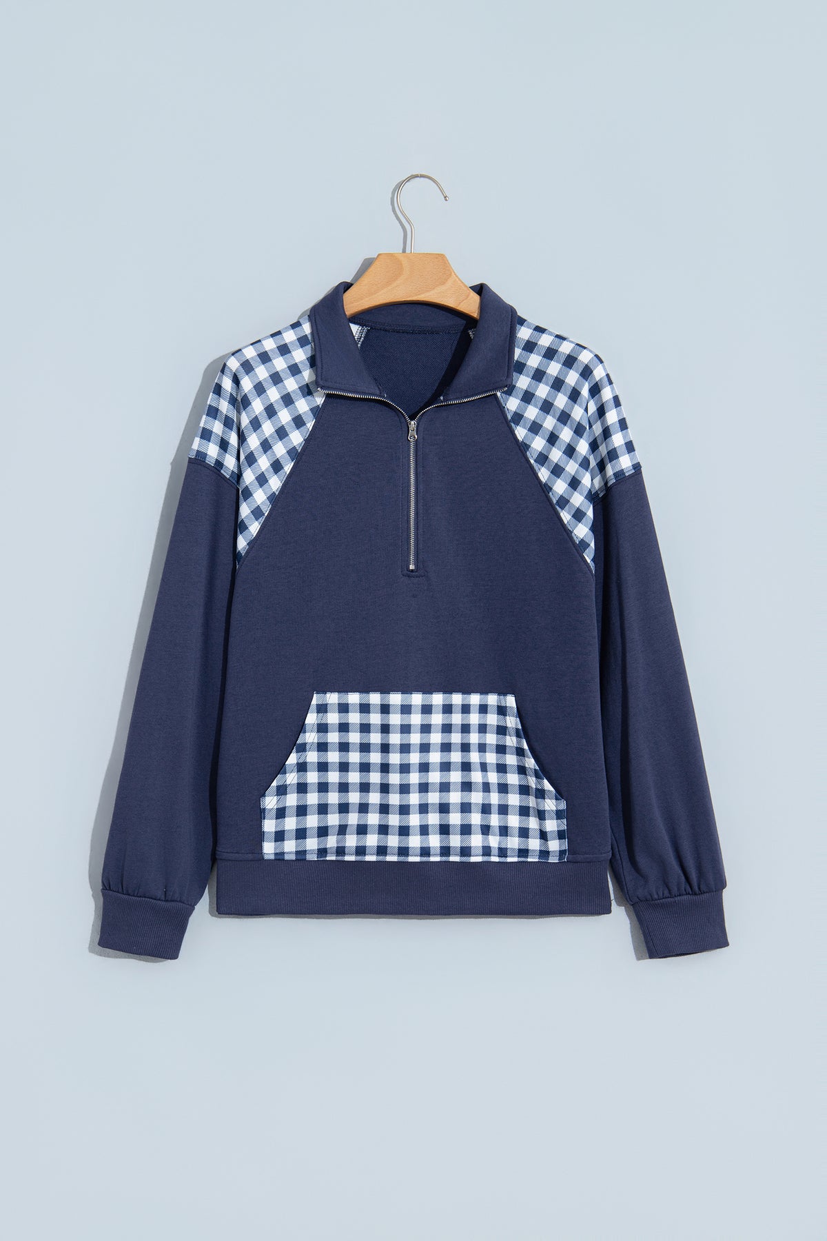 Coffee Patchwork Plaid Pocket Quarter Zip Sweatshirt