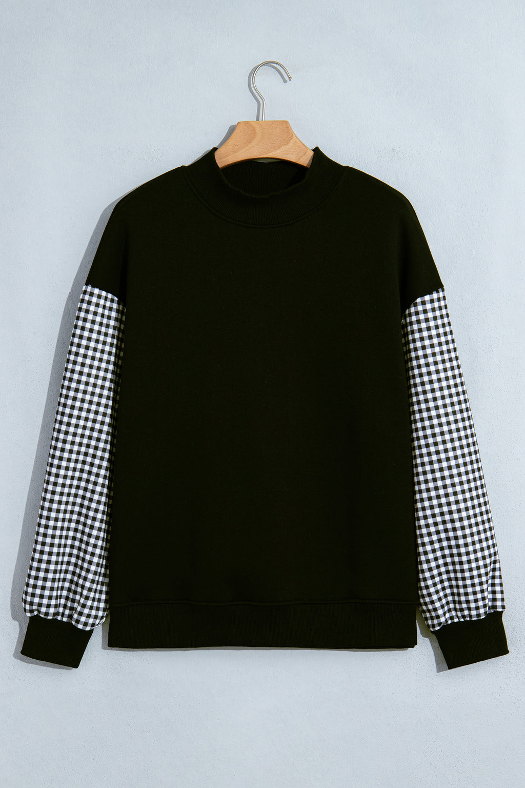 Navy Blue Plaid Sleeve Colorblock Loose Tunic Sweatshirt