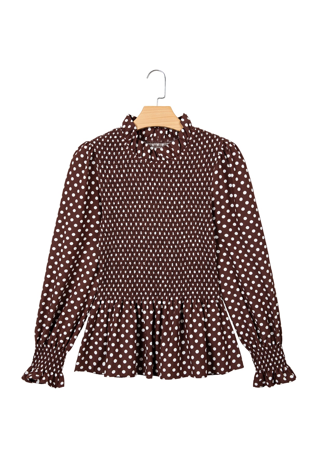 Brown Polka Dot Ruffled High Neck Shirred Ruffle Hem Blouse