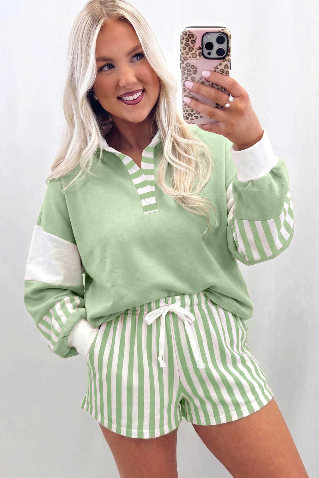 Smoke Gray Striped Color Block Pullover Top Drawstring Shorts Set