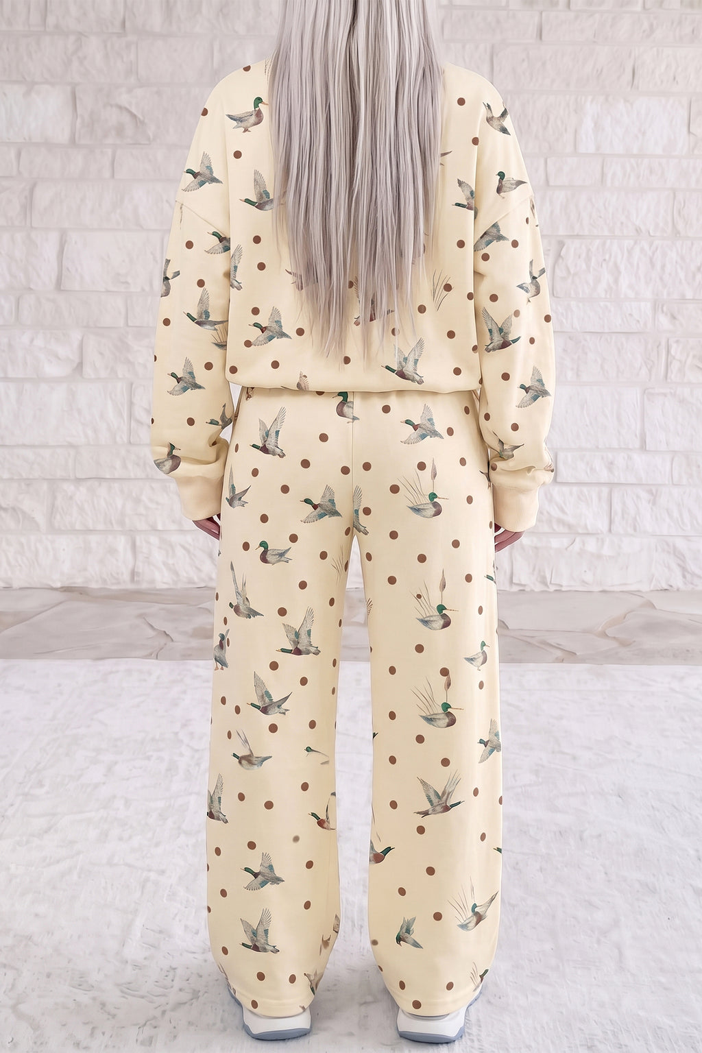 Beige Polka Dot Mallard Print Crewneck Pullover Two Piece Pants Set