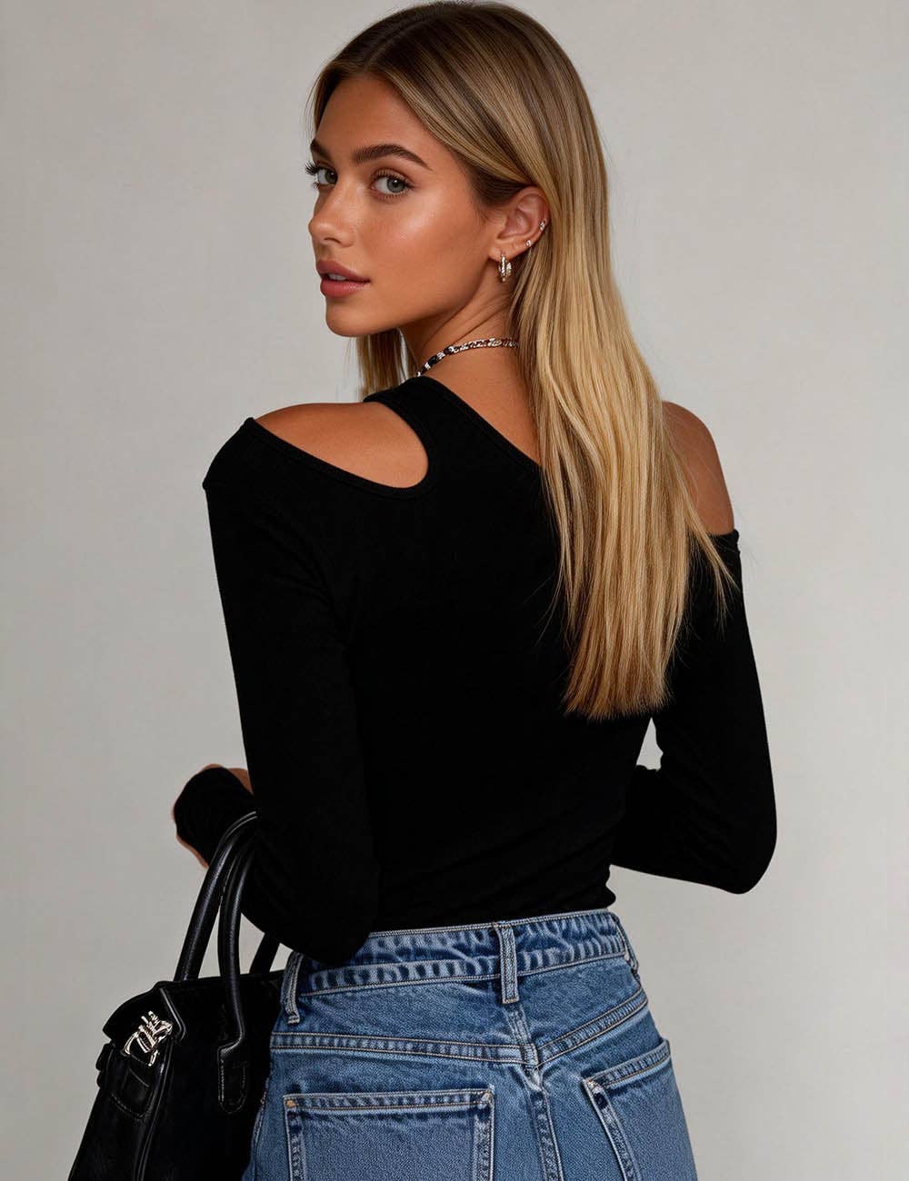 Ladies Solid Color Cutout One-Shoulder Long Sleeves Top