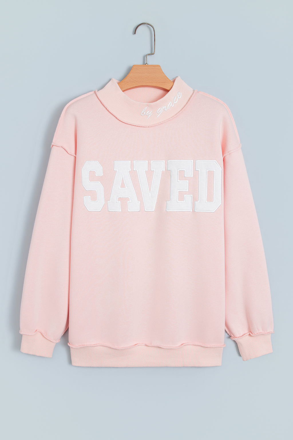 Fiery Red Saved By Grace Embroidered Detail Letter Graphic High Neck Sweatshirt