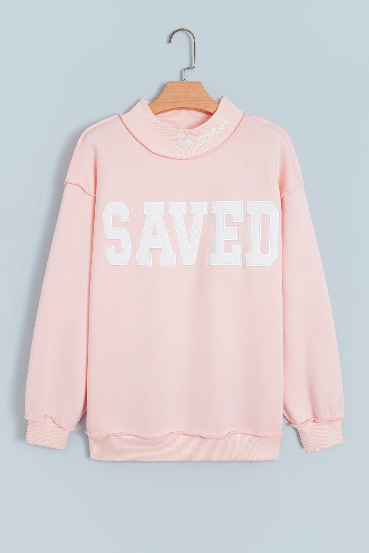 Fiery Red Saved By Grace Embroidered Detail Letter Graphic High Neck Sweatshirt