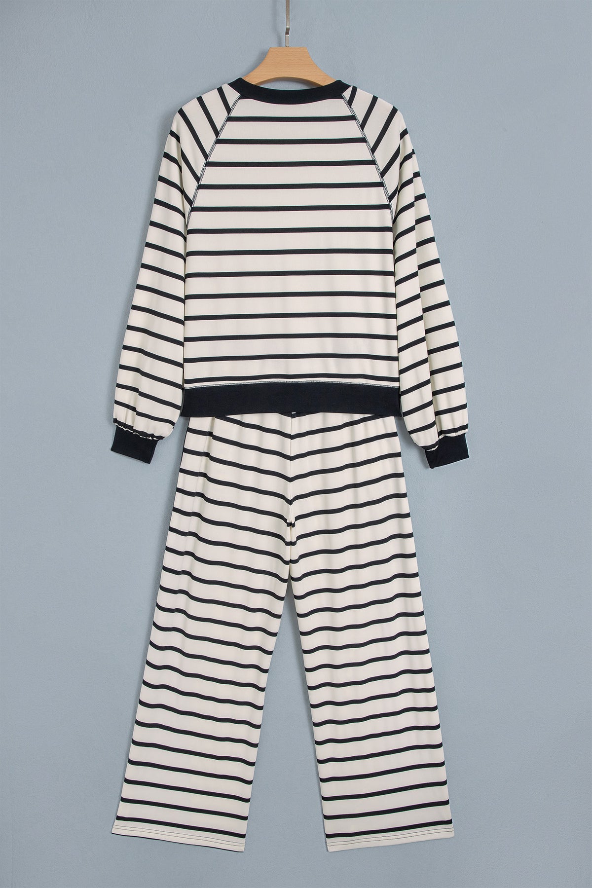 Beige Stripe Relaxed Long Sleeve Top Color Block Detail Drawstring Pant Set