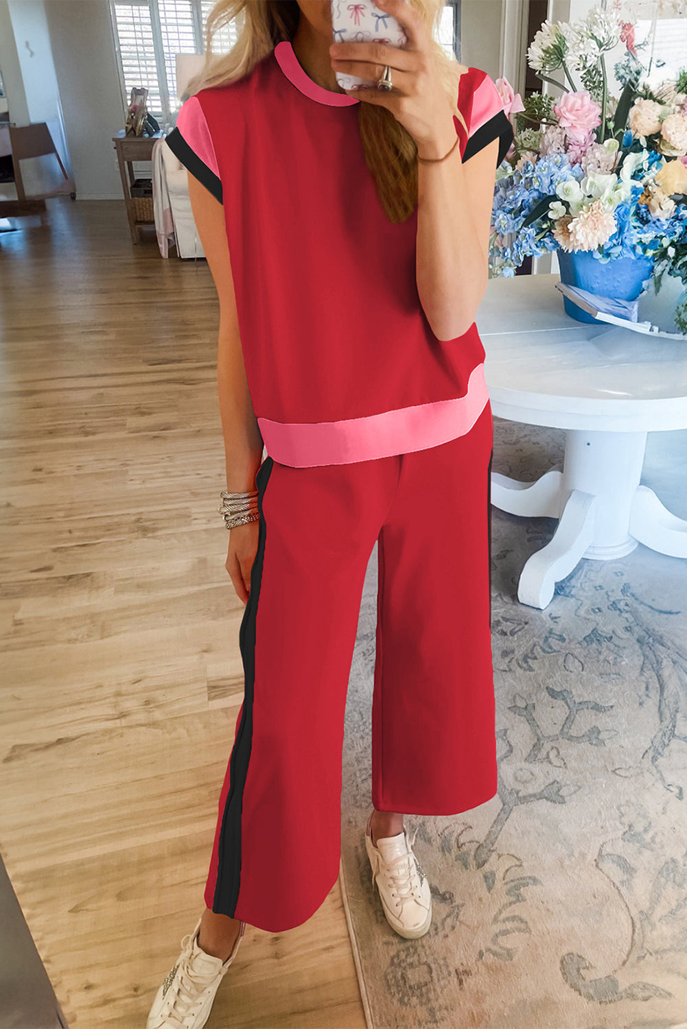 Black Color Block Detail Casual Two-piece Outfit