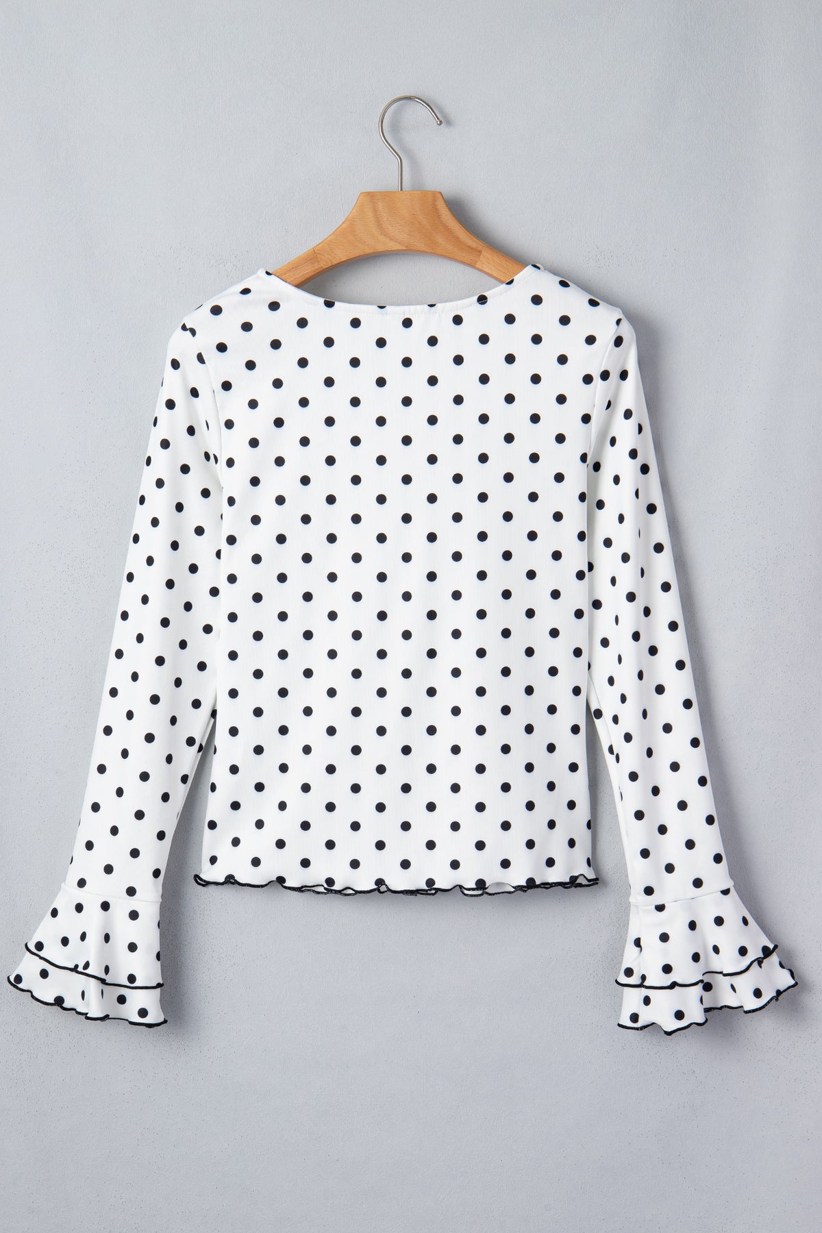 Black Polka Dot Print Lettuce Trim Long Sleeve Top