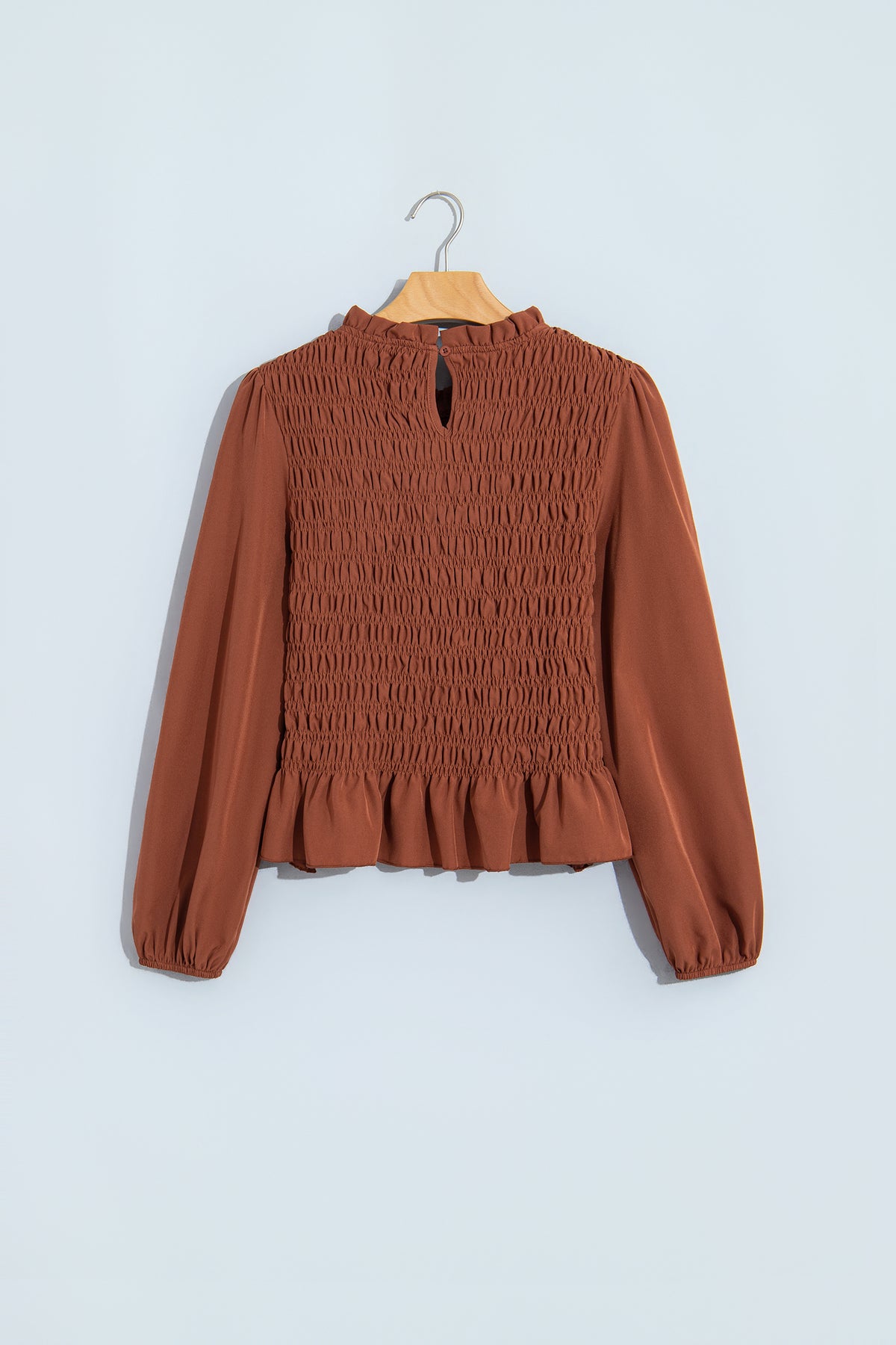 Jet Stream Solid Color Smocked Ruffle Hem Long Sleeve Blouse