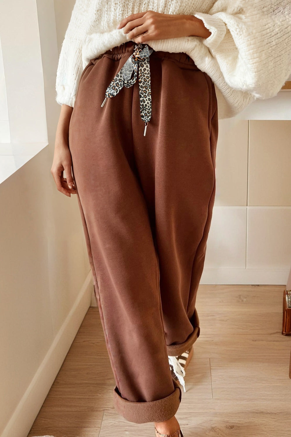 Black Fleece Lined Leopard Drawstring Elastic Waist Solid Pants