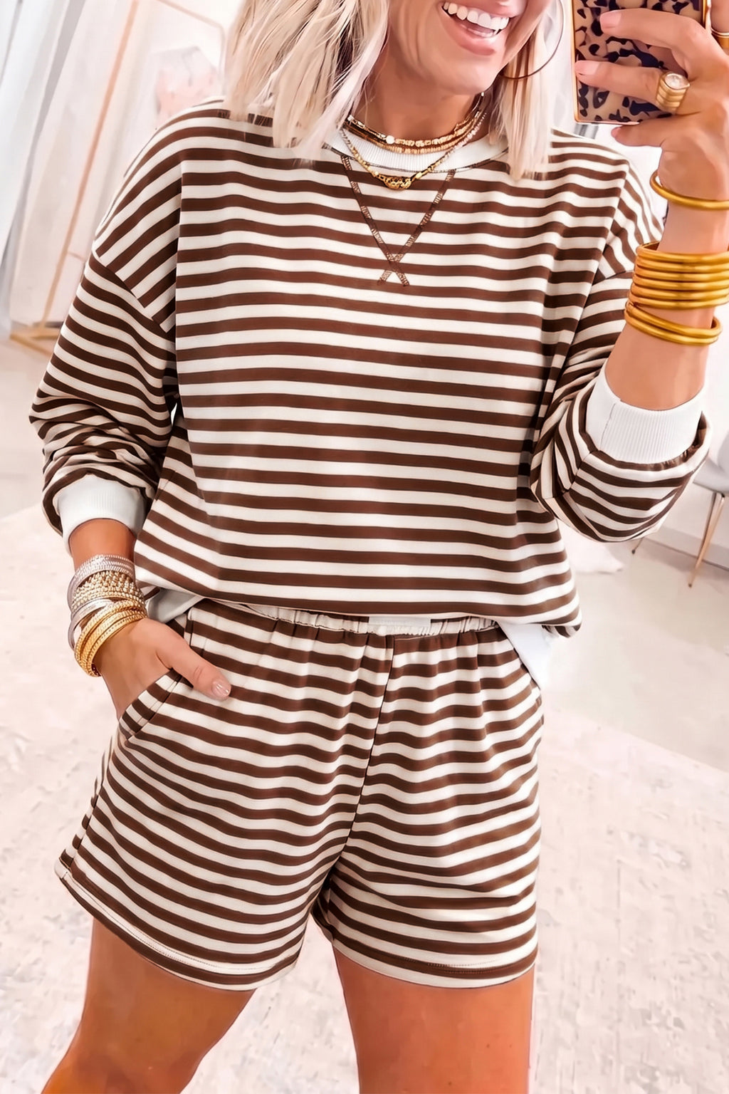 Coffee Drop Shoulder Long Sleeve Pullover Elastic Waist Casual Short Set