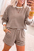 Coffee Drop Shoulder Long Sleeve Pullover Elastic Waist Casual Short Set