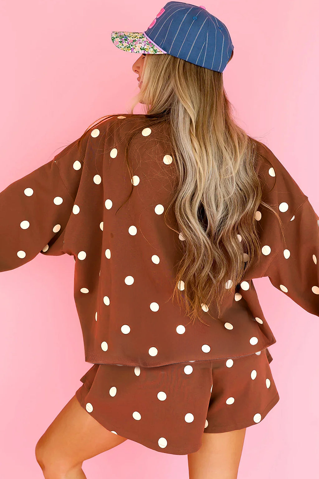 Beige Polka Dot Raw Hem Relaxed Pullover Loose Skort Two Piece Set