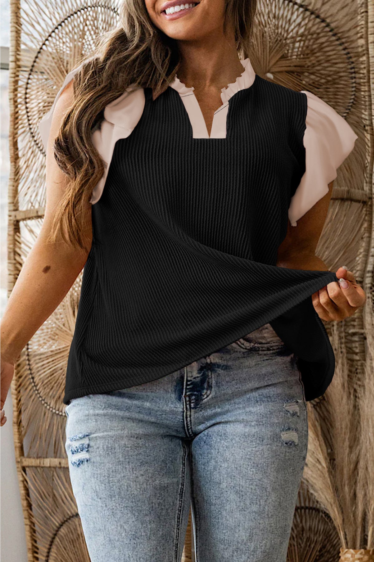 Rose Pink Plus Size Contrast Frilled Neckline Ruffled Short Sleeve Ribbed Textured Blouse