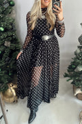 Black Polka Dot Pattern Mesh Long Sleeve Maxi Dress 2pcs Set